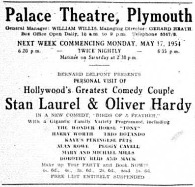 Cornish Times advert May 1954 Laurel and Hardy Palace Theatre