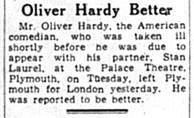 Western Evening Herald article Oliver Hardy leaving Plymouth for London
