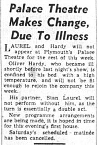Western Evening Herald article Oliver Hardy ill Plymouth Palace Theatre May 1954