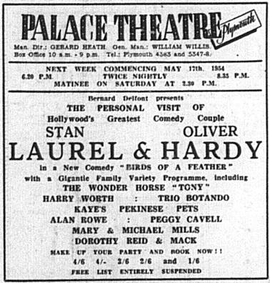 Western Evening Herald advert Laurel and Hardy Palace Theatre Plymouth May 1954